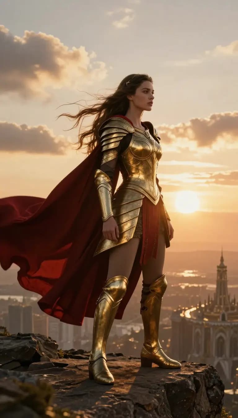 Woman in flowing red silk as a wuxia warrior at sunset, showcasing the cinematic quality of AI text-to-video output