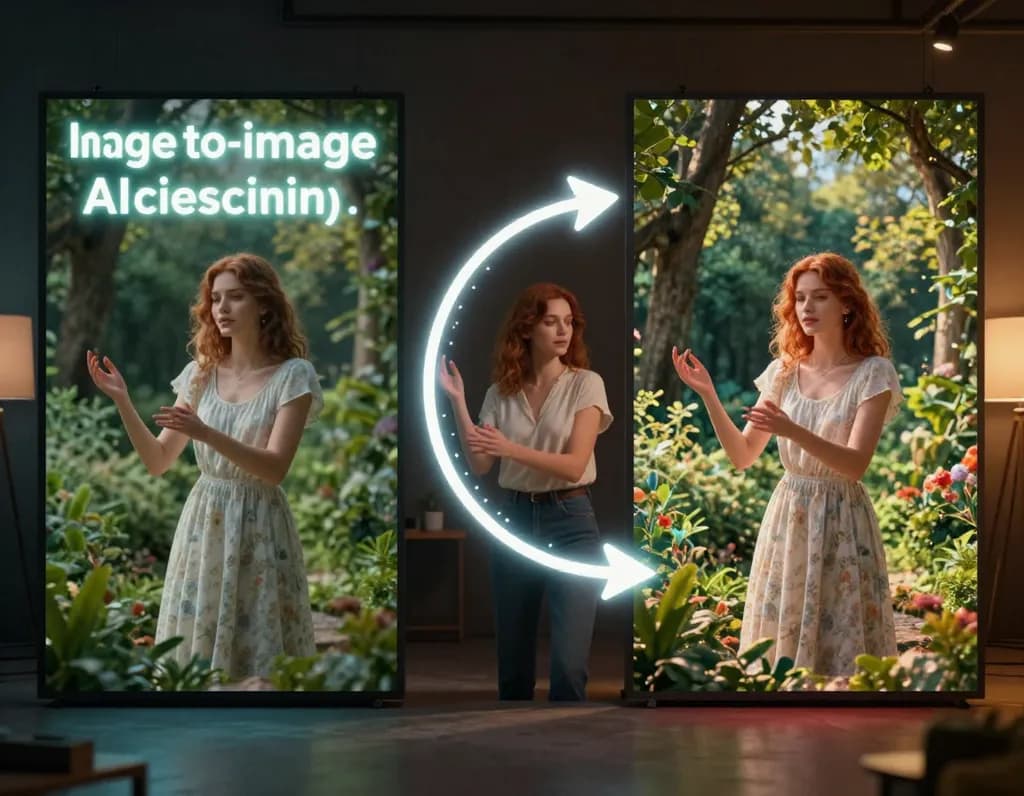 Workflow diagram showing text-to-image feeding into image-to-image for iterative refinement