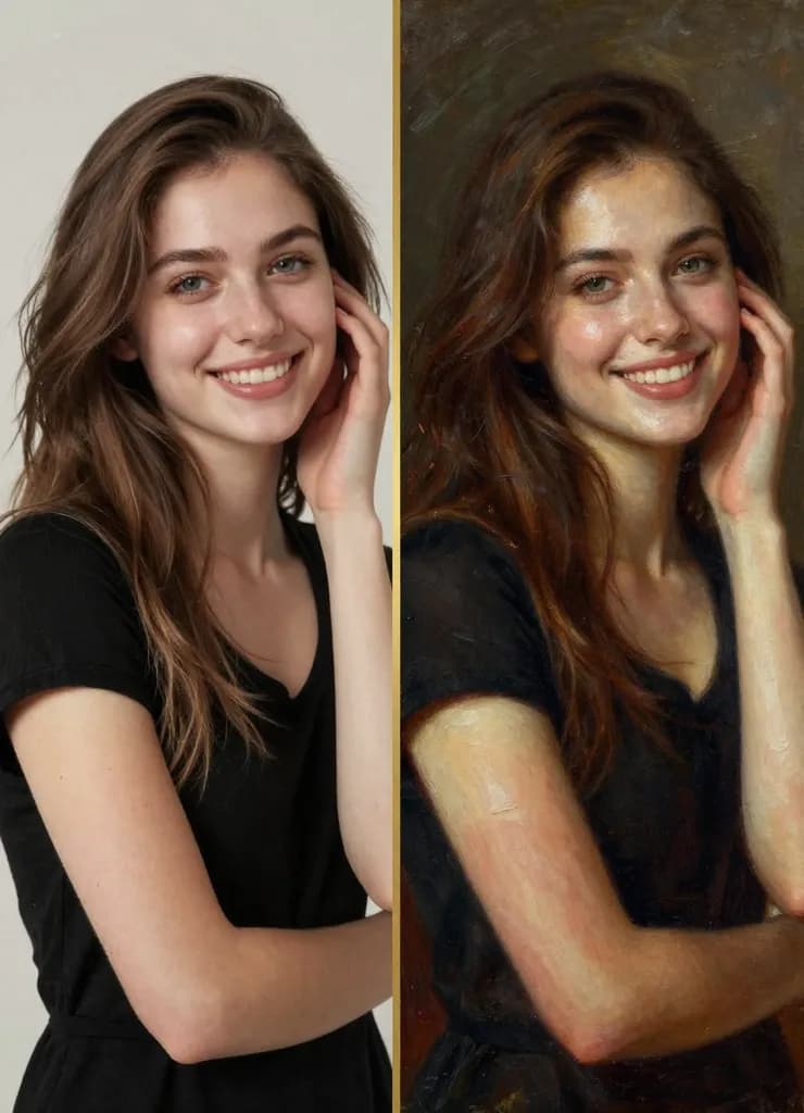 Side-by-side comparison showing original composition preserved through transformation, demonstrating identity preservation