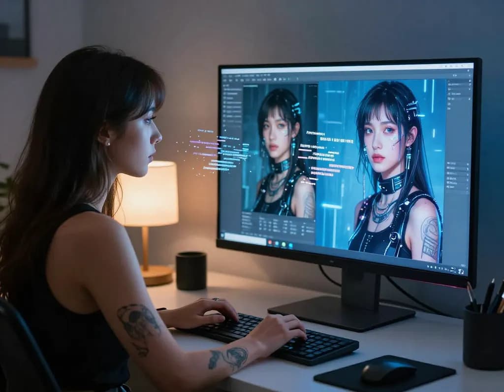 Text prompt floating above an image being transformed, representing prompt-guided transformation