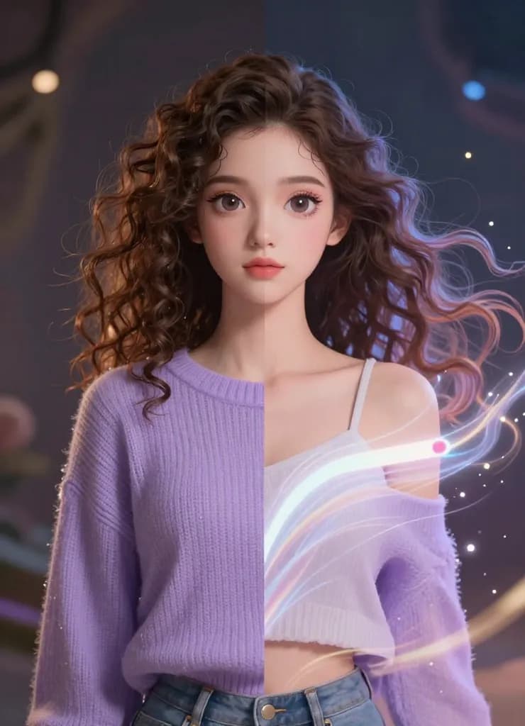 Woman surrounded by swirling transformation effects, visualizing AI processing of image-to-image conversion