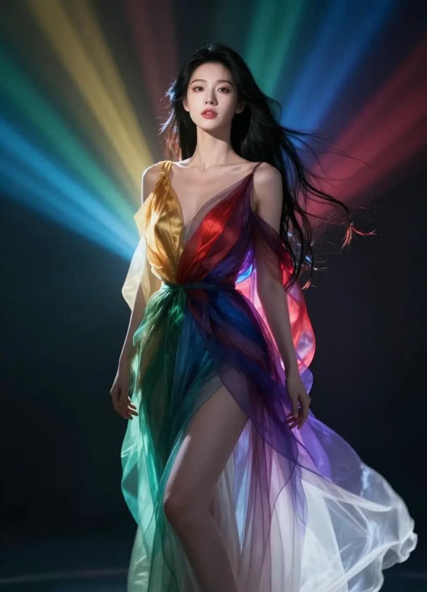 Breathtaking woman in an ethereal gown illuminated by seven converging beams of colored light, each representing a prompt dimension