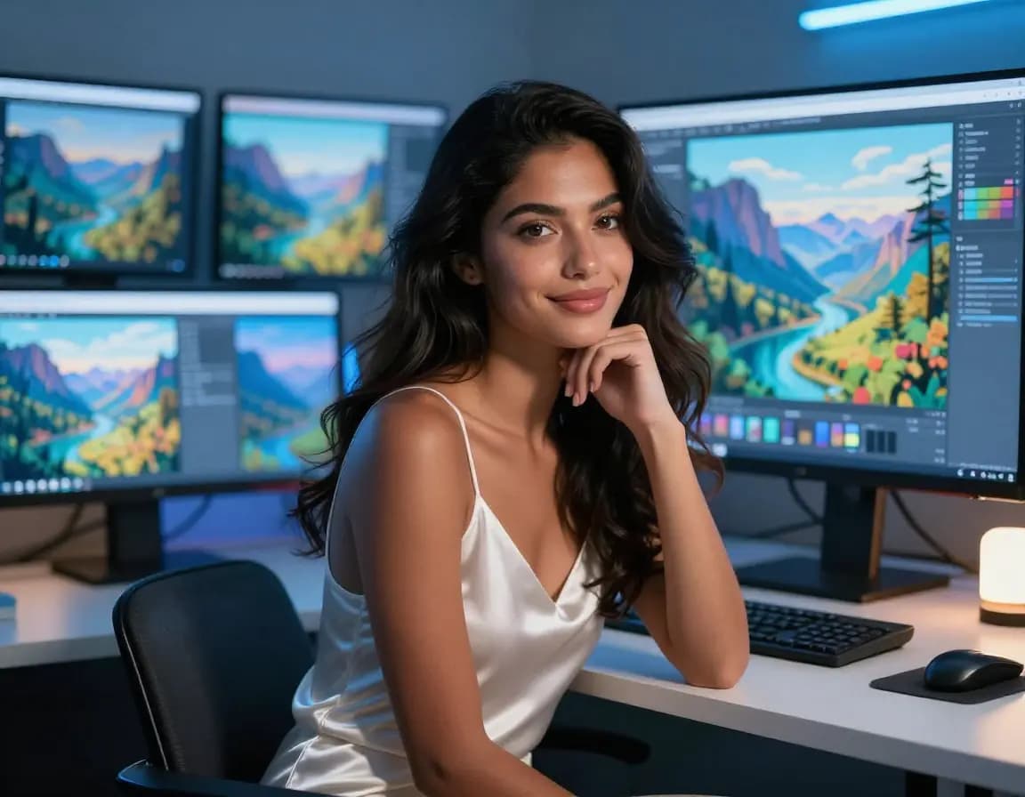 Confident woman at a desk surrounded by multiple screens showing AI-generated images in different styles