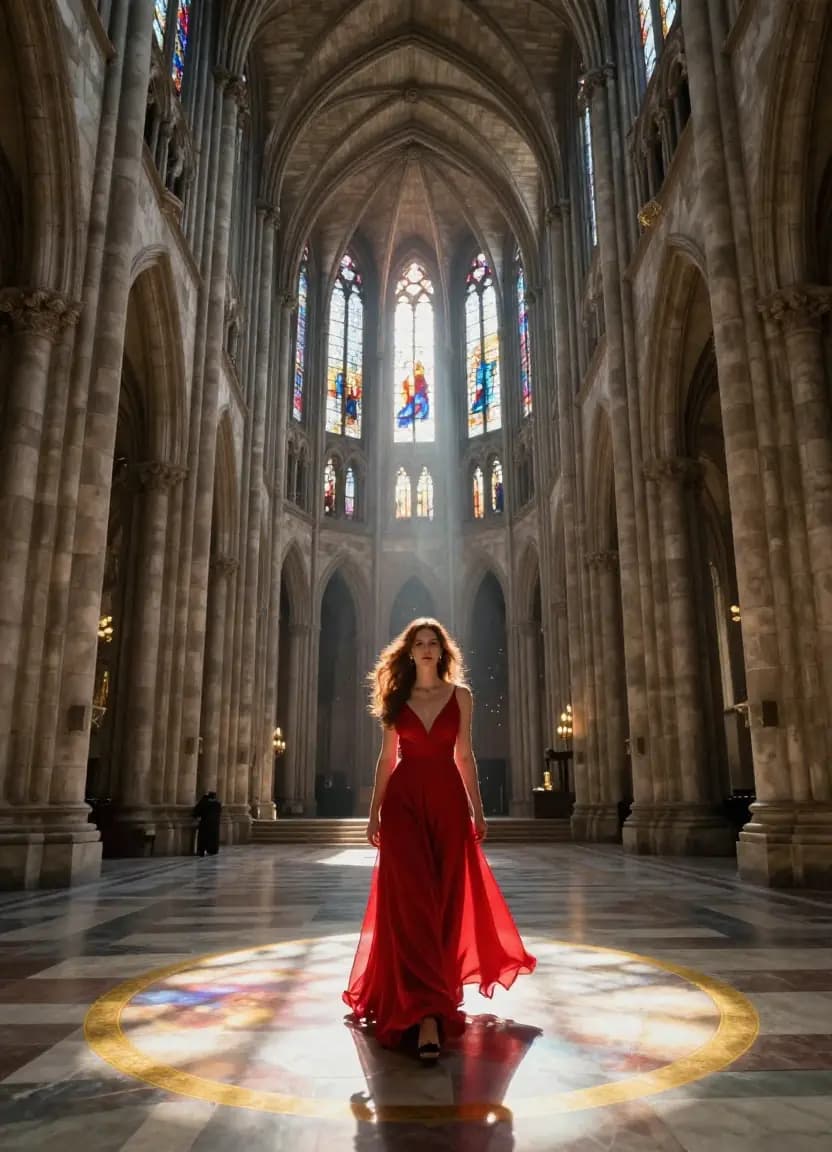Woman in red gown walking through a cathedral with perfect leading lines, demonstrating masterful composition techniques