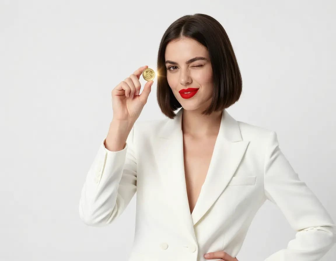 Chic woman with a dark bob holding up a tiny golden coin with a playful wink, representing affordable generation
