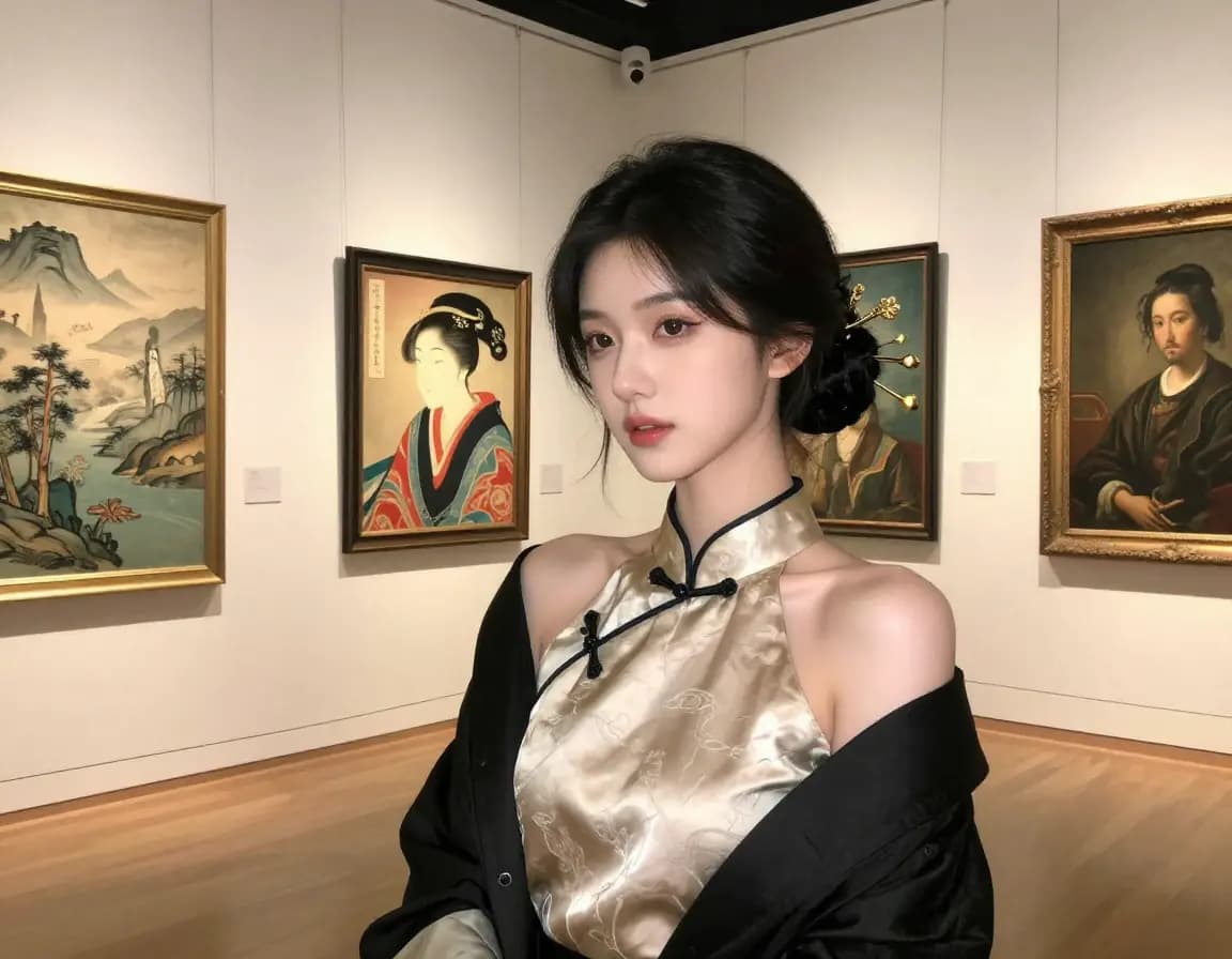 Elegant East Asian woman in a fusion outfit surrounded by paintings from different cultures in an international gallery
