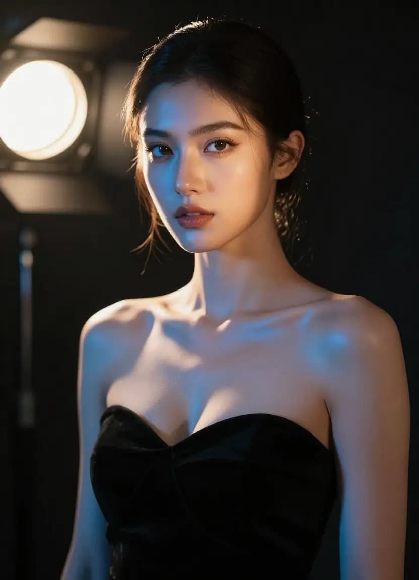 Dramatic portrait of a woman lit by four simultaneous lighting techniques — Rembrandt, rim, fill, and hair light