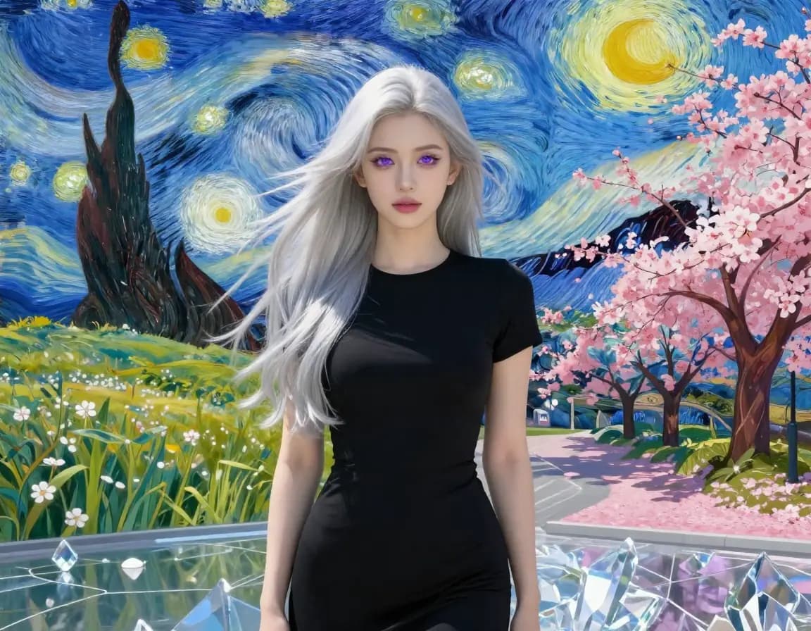 Silver-haired woman at the intersection of multiple art worlds — photorealism, anime, oil painting, and 3D rendering