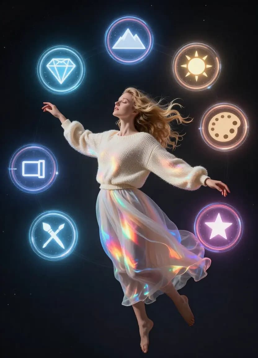 Woman floating among seven glowing dimension rings representing Subject, Lighting, Color, Composition, Style, and more
