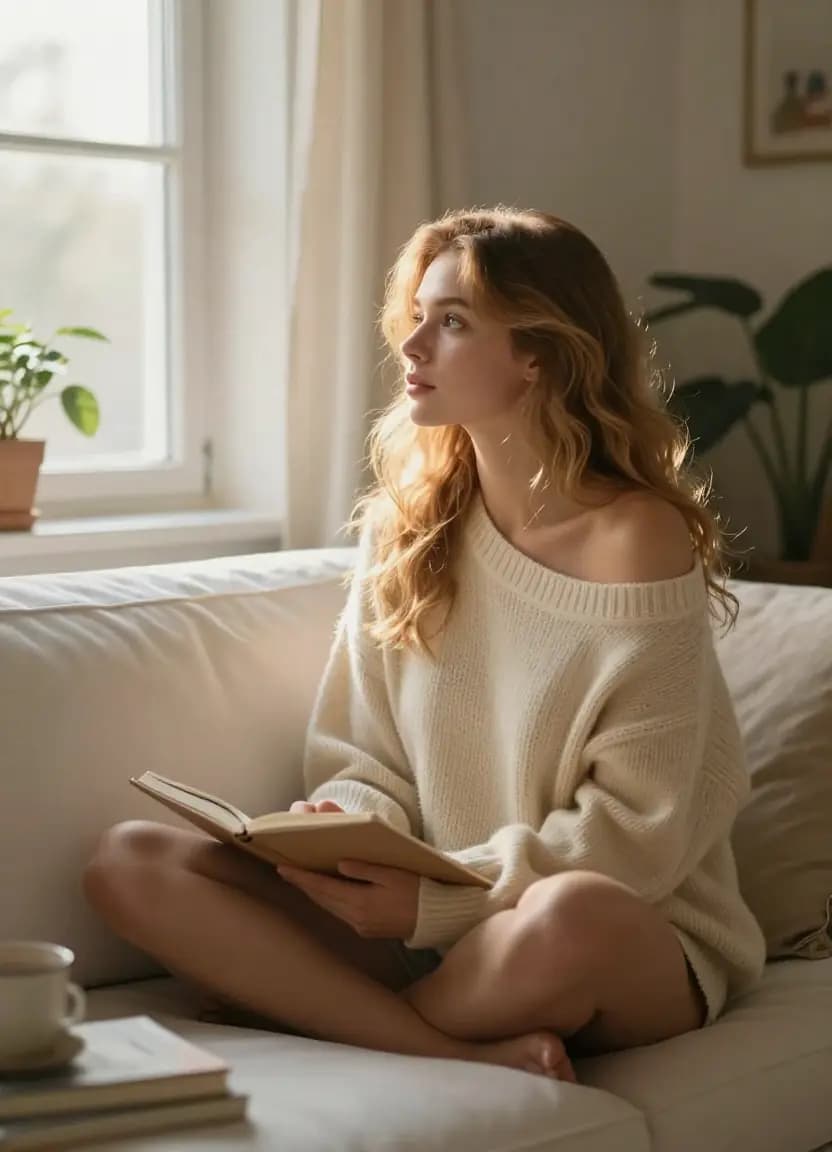 Lovely woman in a cozy sweater on a sunlit sofa with a sketchbook, dreamily imagining the perfect picture