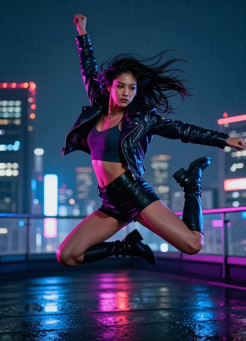 Athletic woman performing a mid-air spinning leap on a neon-lit Tokyo rooftop, demonstrating dynamic camera movement techniques