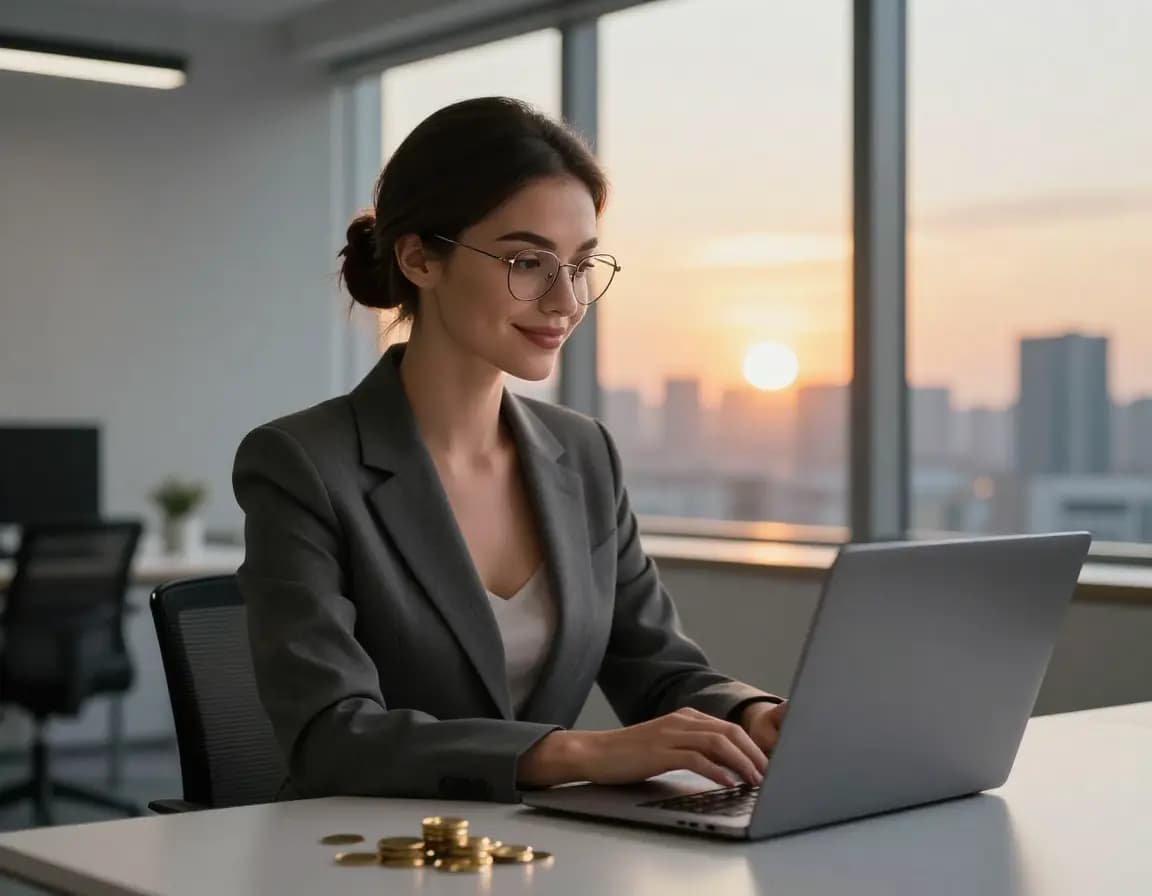 Stylish female entrepreneur holding a golden coin with a playful smile, representing affordable prompt generation