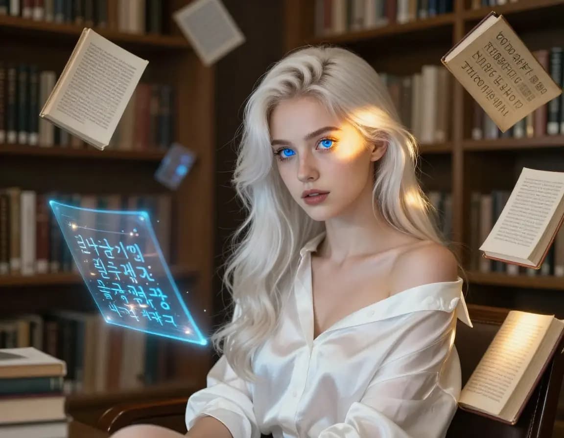 Woman with heterochromatic eyes surrounded by floating holographic books in different languages in an elegant library