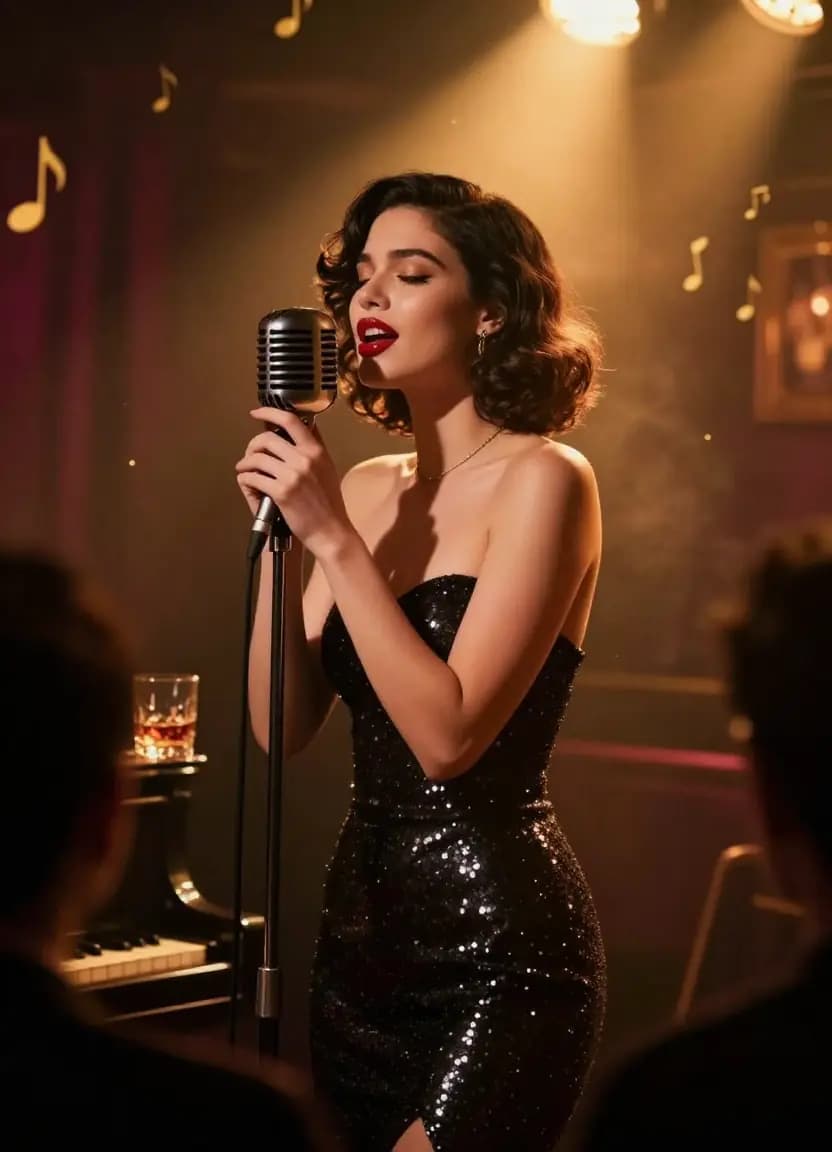 Jazz singer performing under warm spotlight in a smoky club, representing professional audio direction in generated prompts