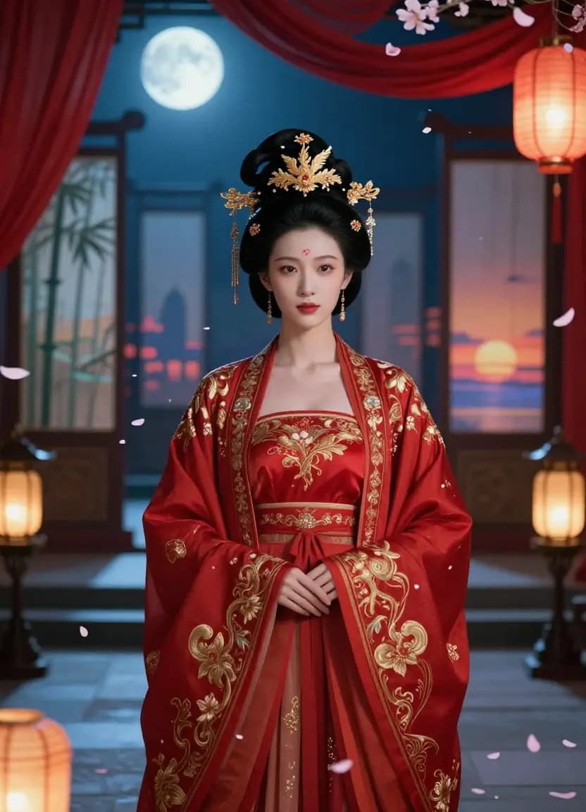 Imperial consort in crimson hanfu surrounded by floating lanterns and translucent scene panels, representing diverse storyboard templates