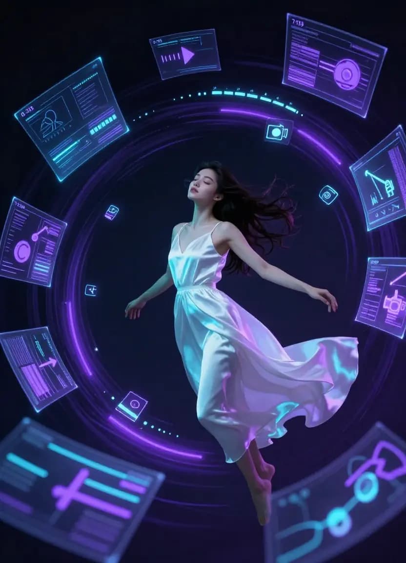 Woman floating among holographic storyboard panels and timeline bars, visualizing AI transformation of ideas into professional prompts