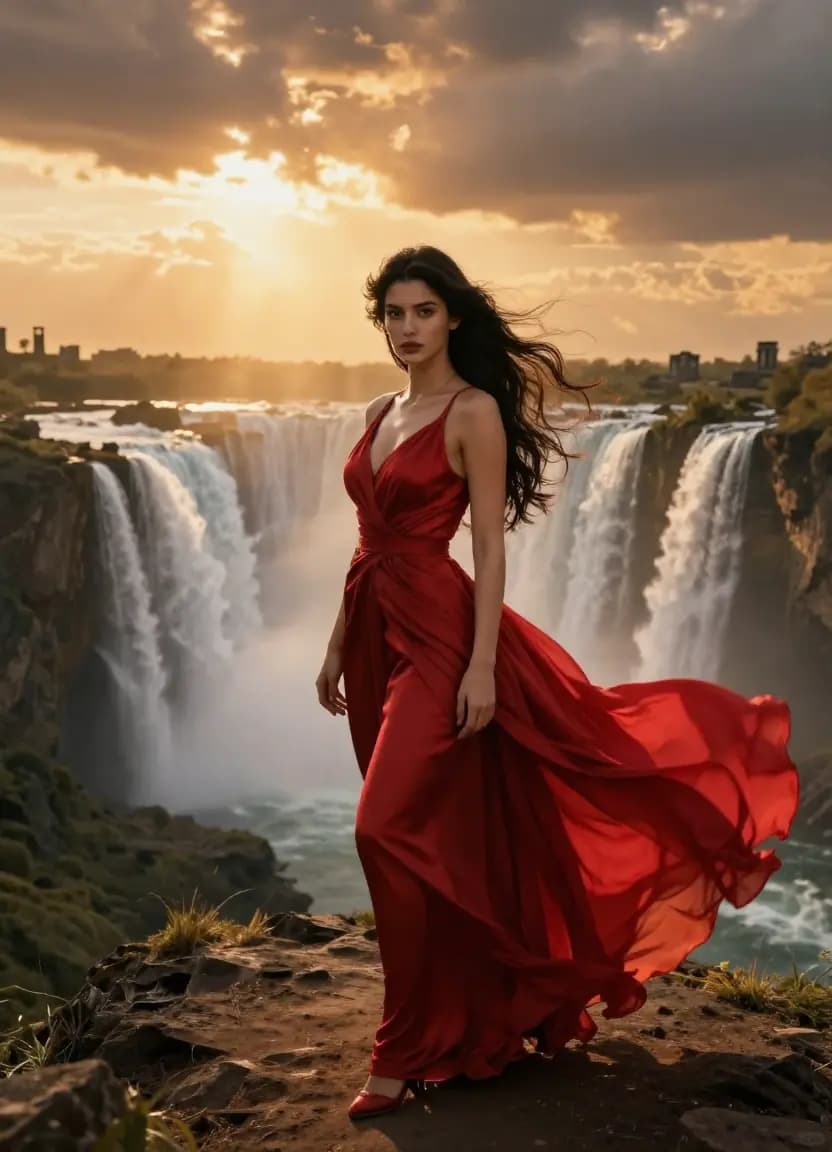 Woman transformed into a cinematic movie heroine at a dramatic cliff edge, showcasing the stunning video quality professional prompts produce