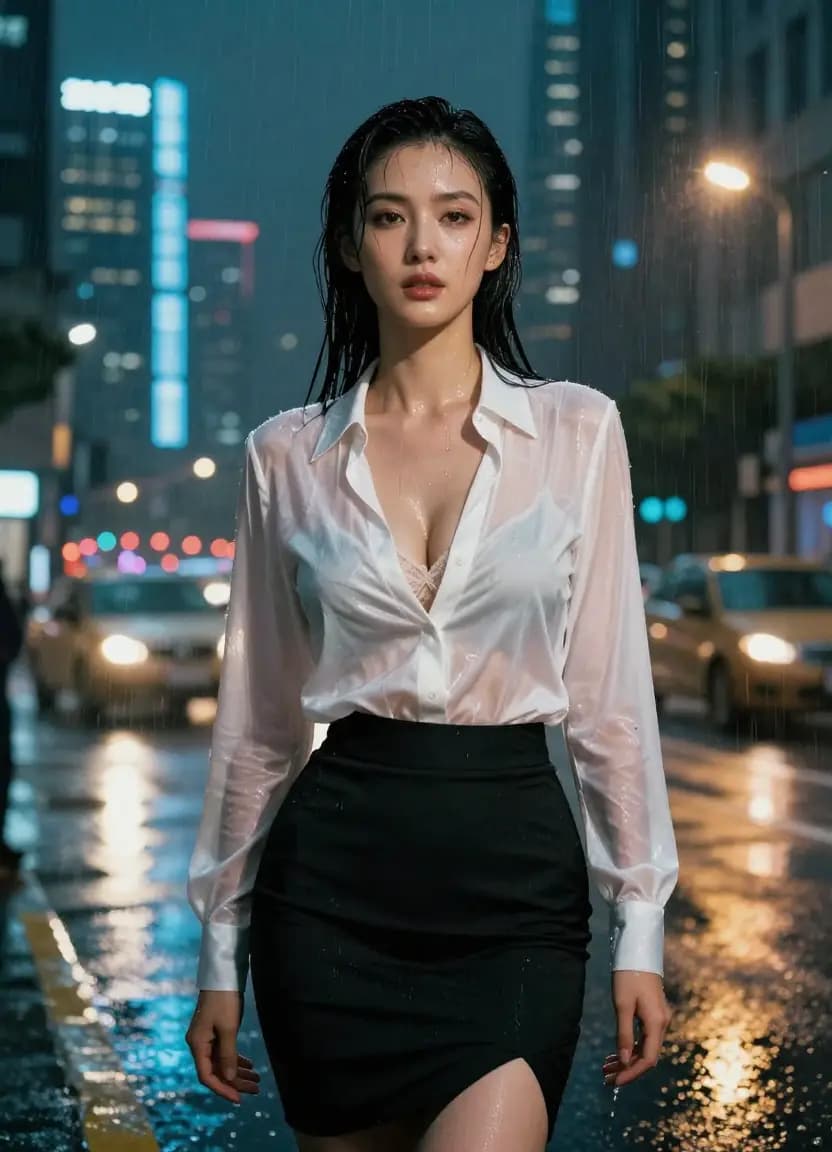 Woman in rain-soaked city at night with neon reflections, demonstrating Seedance AI character consistency in text-to-video generation