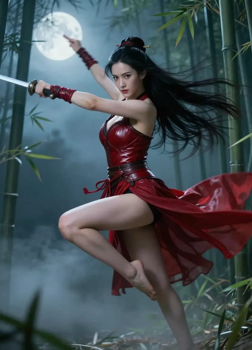 Wuxia swordswoman performing mid-air sword strike in moonlit bamboo forest, showcasing Seedance AI cinematic motion synthesis