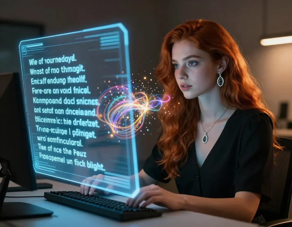Woman at a creative workstation with holographic prompt suggestions floating around her, representing AI prompt assistance