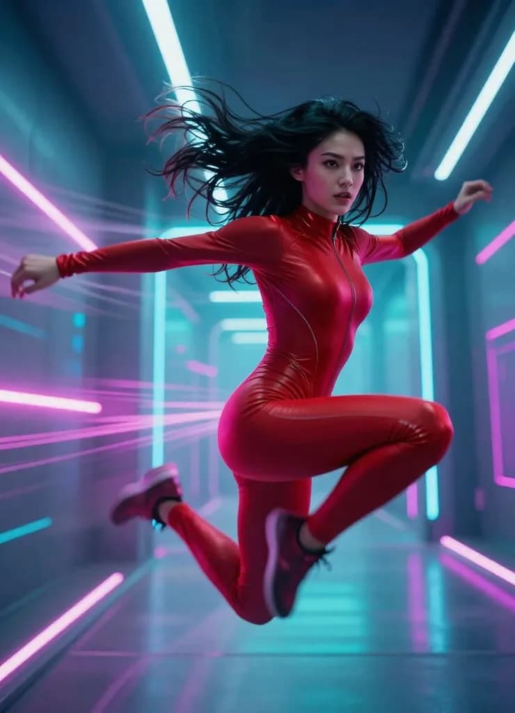 Woman in dynamic pose with speed lines and light trails, representing Seedance AI fast generation speed