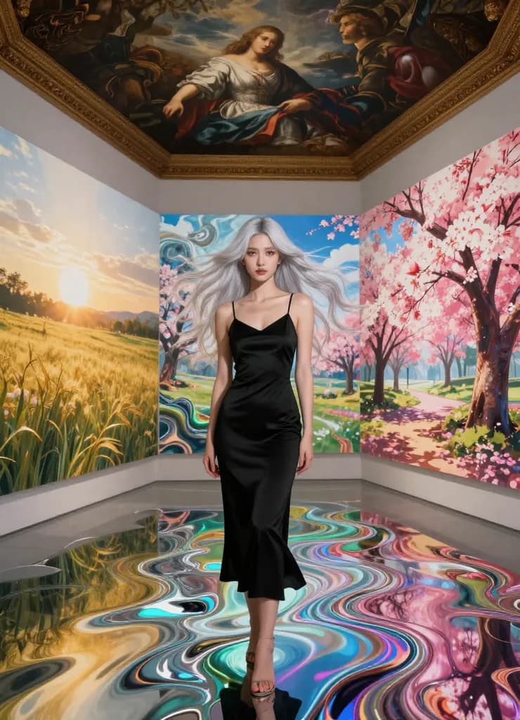 Woman in traditional Chinese dress surrounded by multiple art style panels, demonstrating Seedance AI versatility