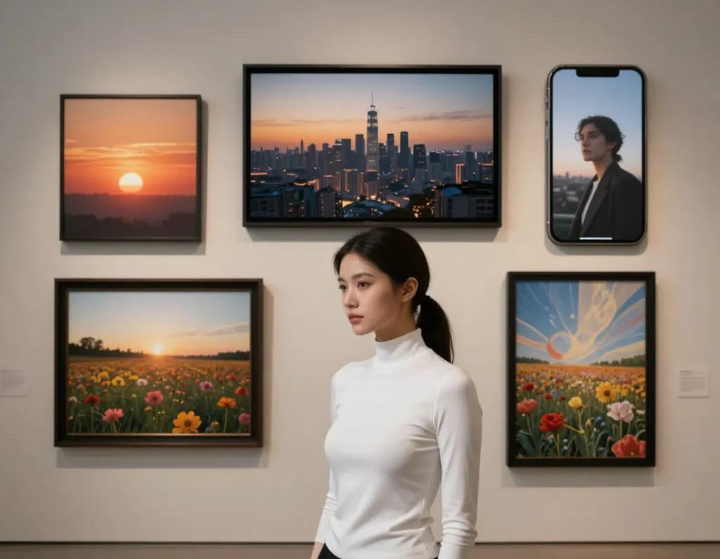 Multiple image frames in different aspect ratios showing various AI-generated scenes, demonstrating format flexibility