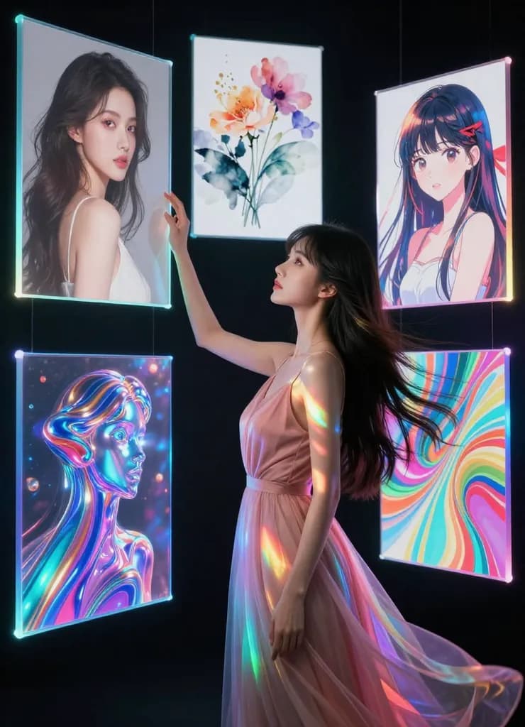 Woman surrounded by swirling colorful light particles, visualizing AI processing of text prompt into image