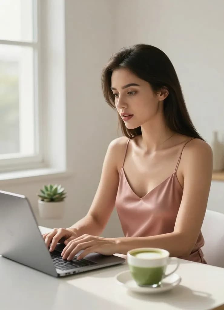 Woman brainstorming creative ideas at a sunlit desk, representing the starting point for AI text-to-image creation