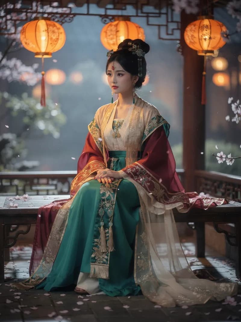 Woman in traditional Chinese hanfu sitting in a moonlit pavilion with floating lanterns, demonstrating Seedance AI style preservation across diverse visual genres