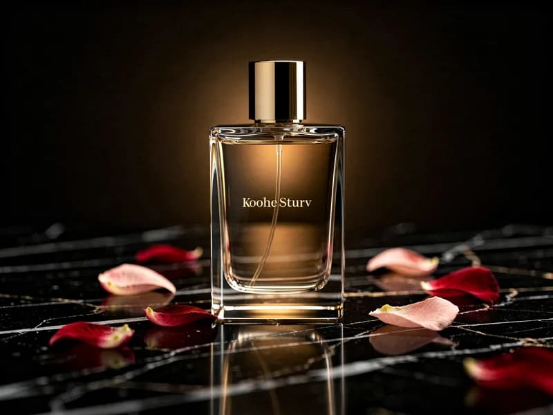 Luxury perfume bottle on polished black marble with golden reflections and rose petals, showcasing Seedance AI product video generation for e-commerce