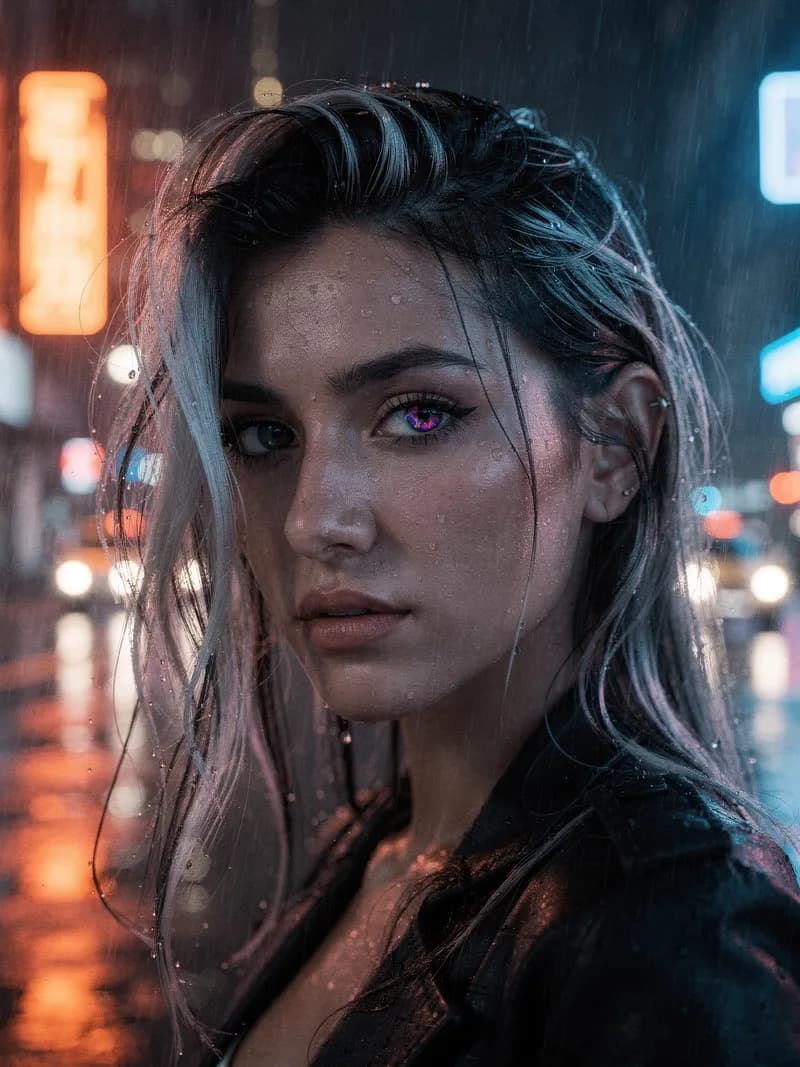 Close-up portrait of a woman with silver-streaked hair on a rain-soaked neon city street, demonstrating Seedance AI identity preservation across video frames