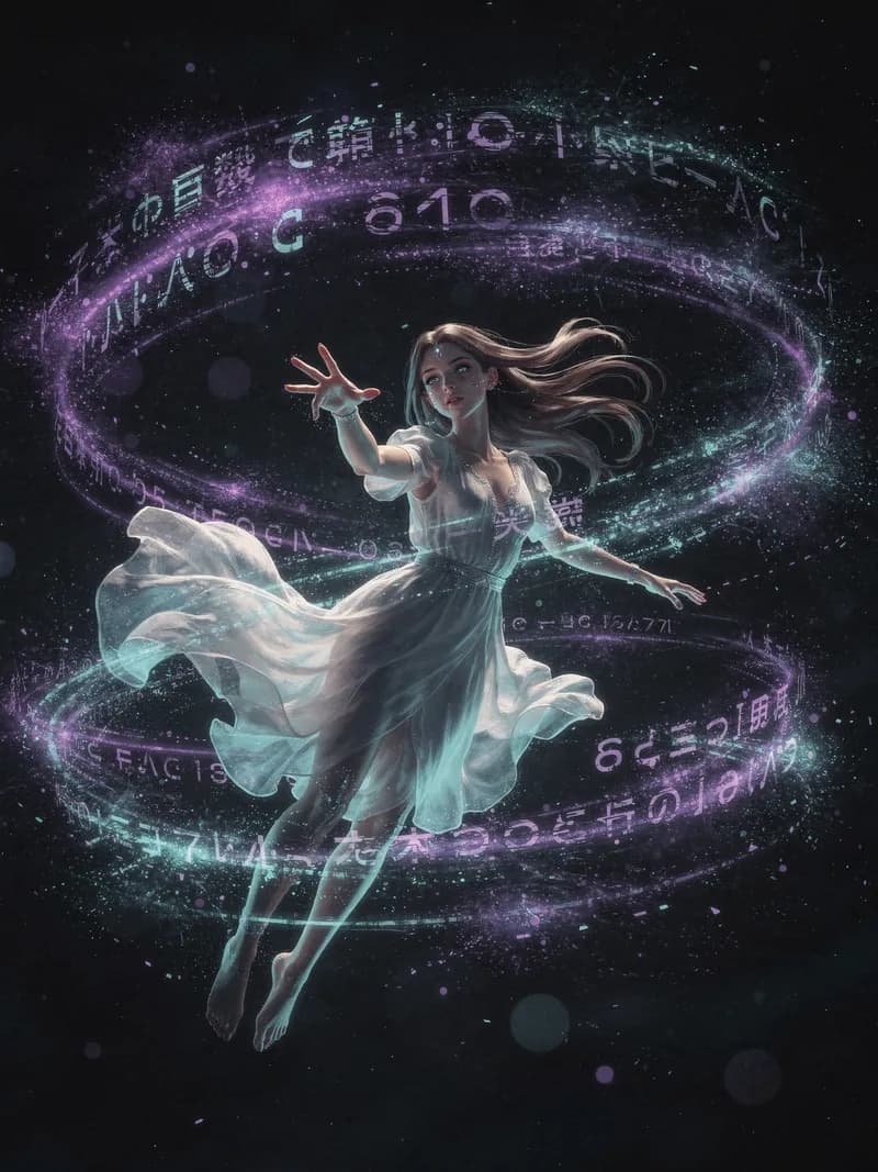 Woman surrounded by swirling holographic text and light particles, visualizing how text prompts guide AI motion generation