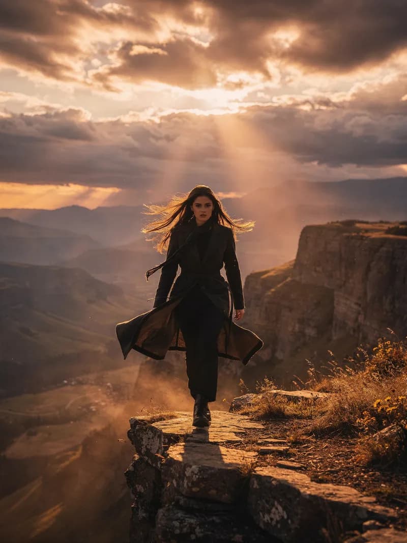 Woman walking confidently on a cliff at golden hour with dramatic sunset clouds, showcasing cinematic AI video output quality