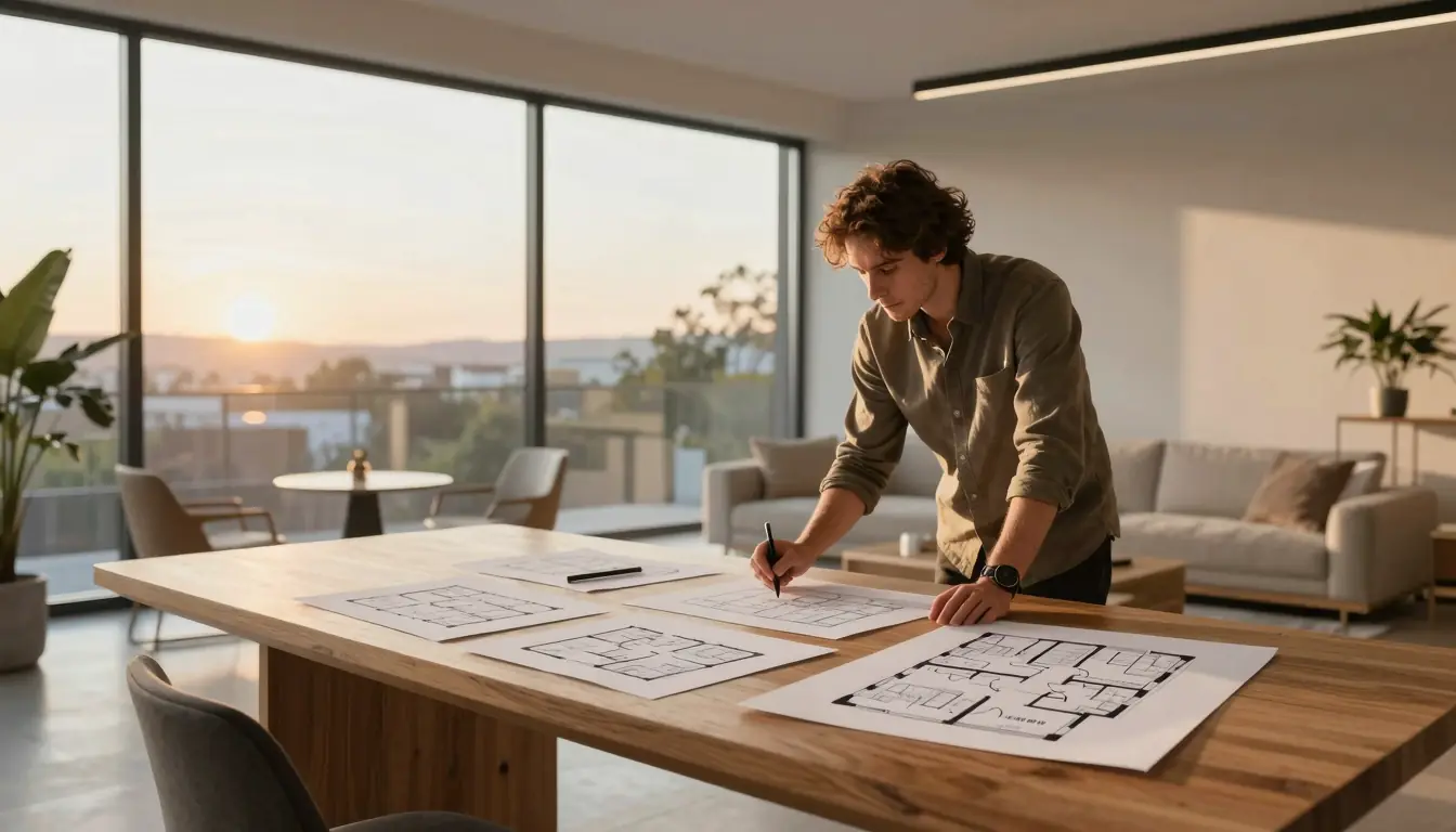 Der Entwickler bewertet auf der Arbeitsfläche verschiedene Raumlayout-Entwürfe
