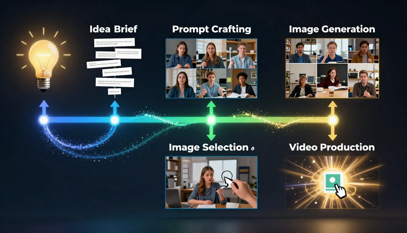 Complete three-phase AI image workflow for video creators showing pre-production (storyboard and concept art), production (first frames and video generation), and post-production (thumbnails and promotional graphics)