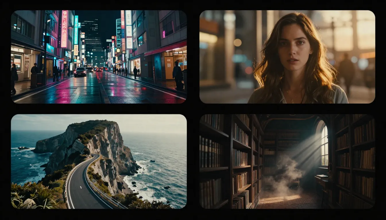 Four examples of AI-generated first frames for video production, showing a cinematic portrait, a product hero shot, an action scene, and a landscape with camera motion space highlighted