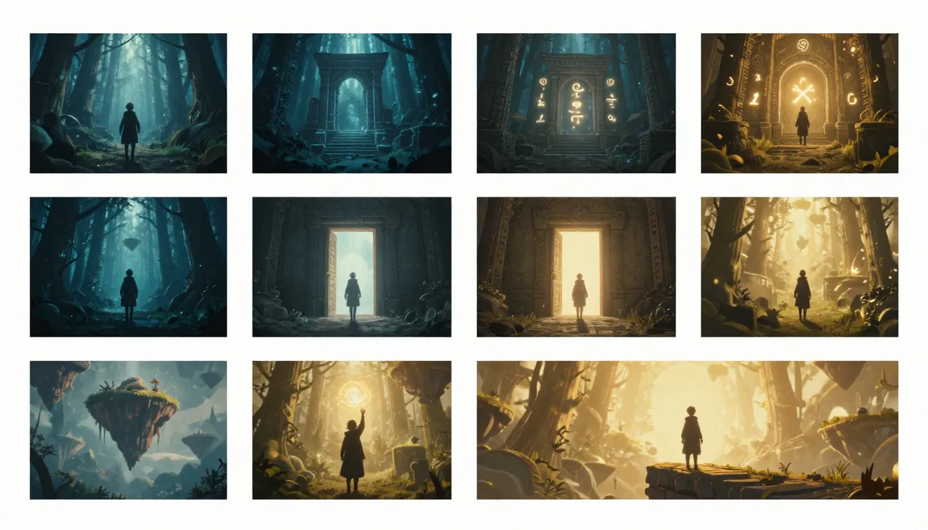 AI-generated storyboard grid showing six sequential scenes for a short film, each with consistent illustration style, camera notes, and shot descriptions
