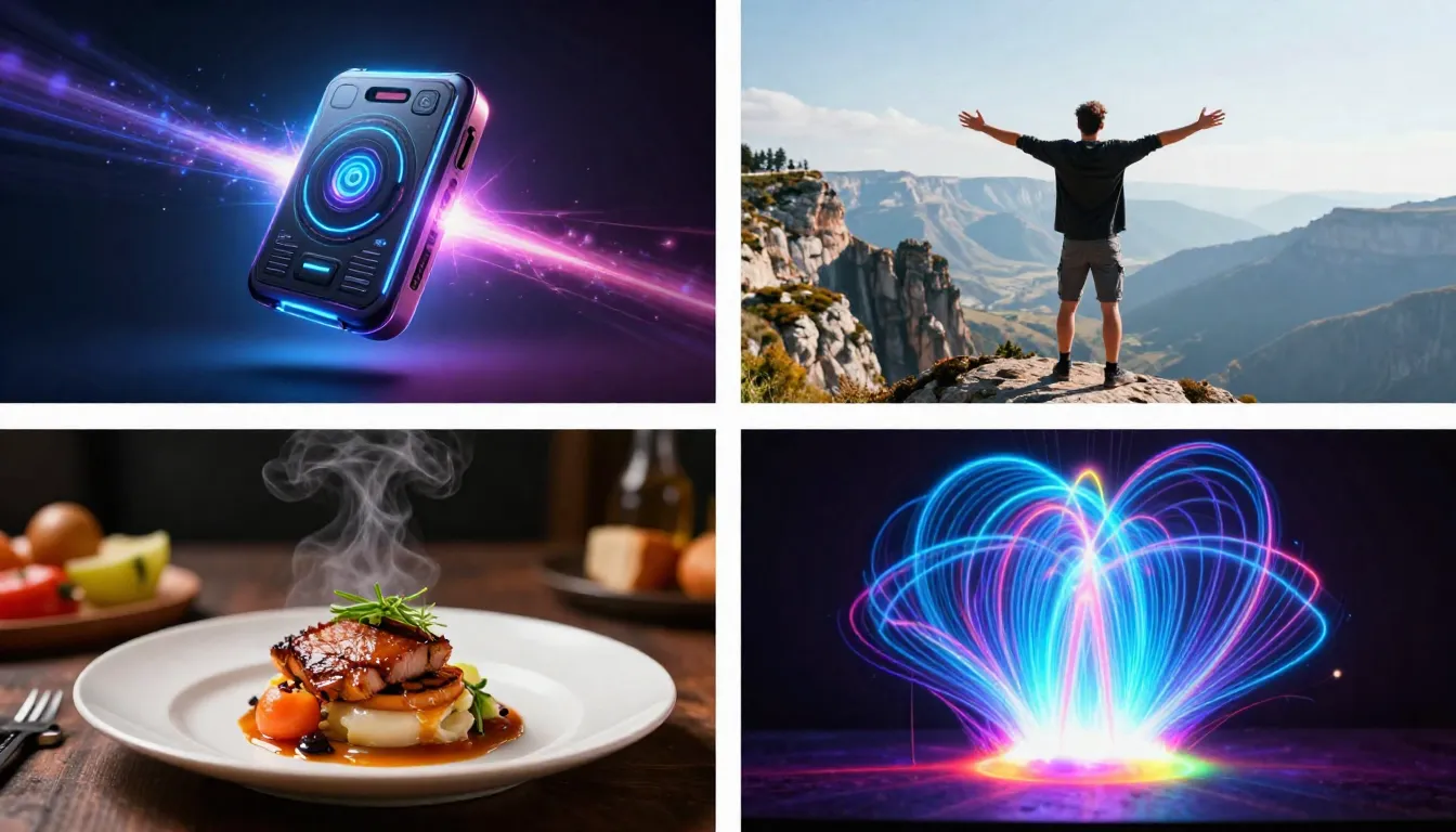 Grid of AI-generated YouTube thumbnail examples showing portrait-based, product-based, and concept-based thumbnail styles with bold colors, clear subjects, and high contrast