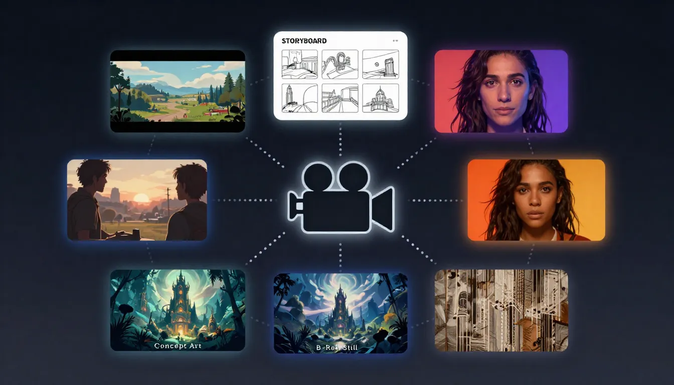 Diagram showing the six types of images video creators need: first frames, storyboards, thumbnails, social covers, concept art, and B-roll references, arranged around a central video production workflow