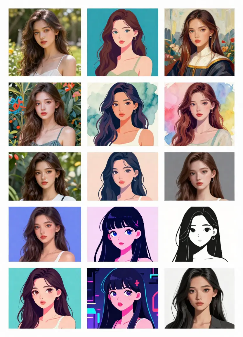 Grid showing 12 AI image styles available in Seedance: photorealistic, illustration, oil painting, watercolor, digital art, 3D render, pixel art, minimalist, surreal, anime, cyberpunk, and concept art