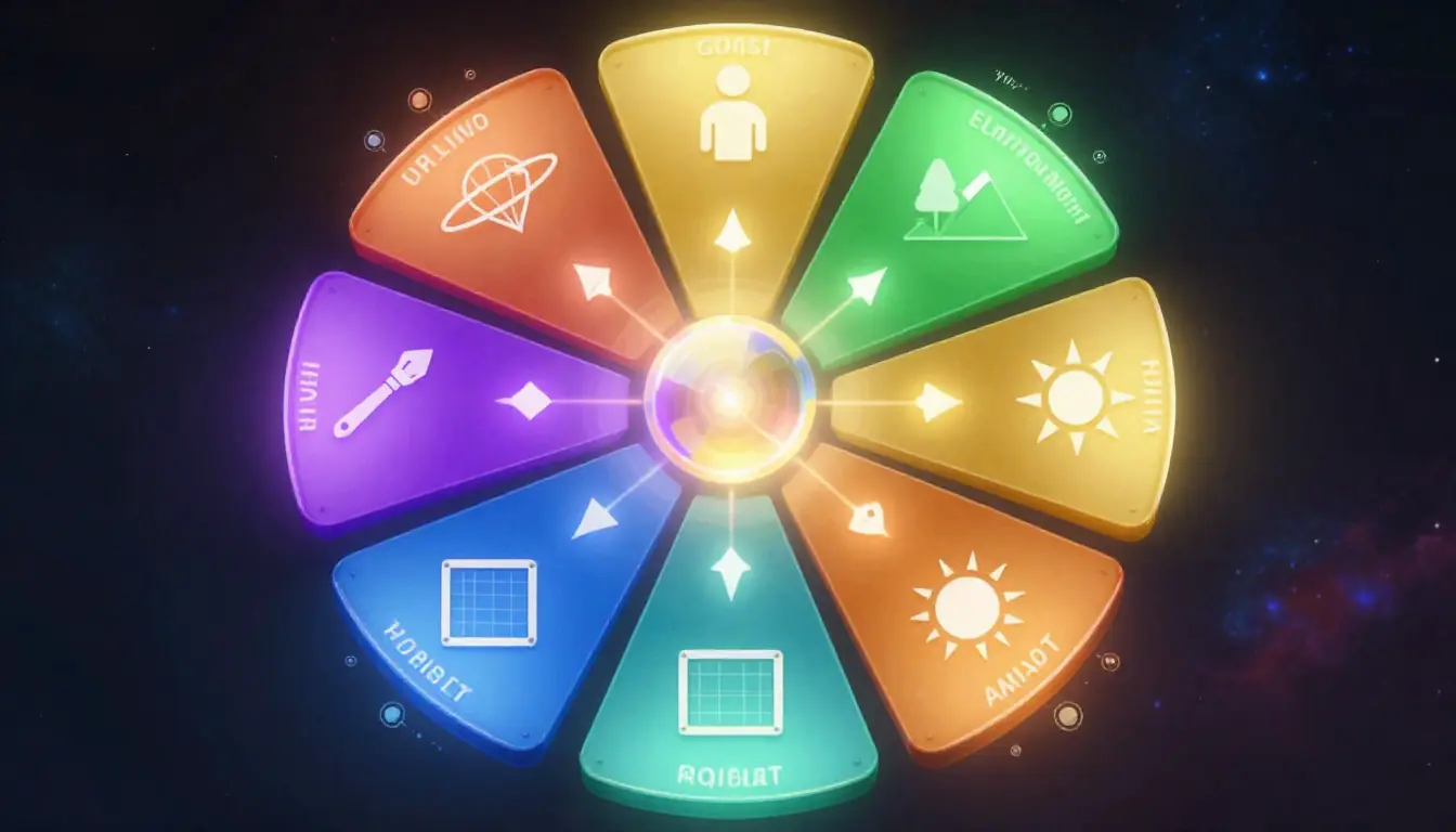 Infographic showing the 7 dimensions of a perfect AI image prompt: Subject, Environment, Lighting, Color, Composition, Style and Medium, Quality Modifiers
