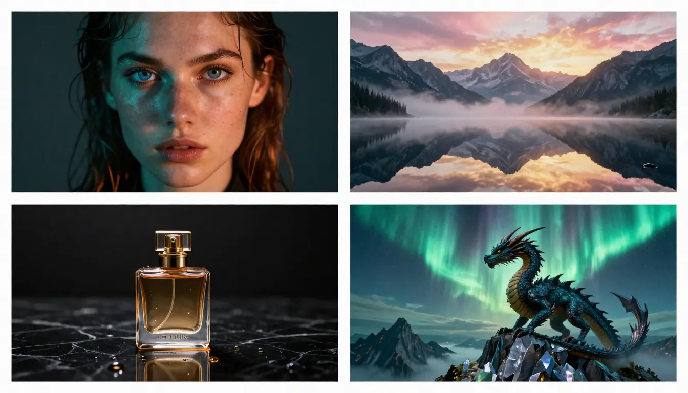 Showcase grid of 10 AI-generated images from the example prompts covering portrait, landscape, product, food, architecture, fantasy, anime, abstract, vintage, and 3D categories