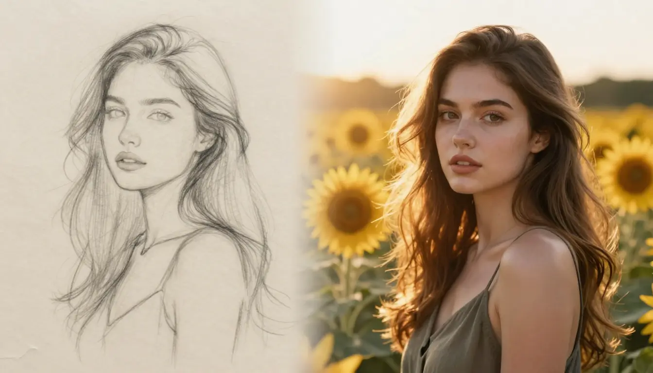 Before and after comparison showing a short input prompt expanded into a detailed 7-dimension professional prompt by the AI generator