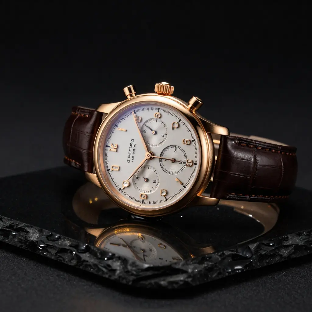 AI-generated product photography showing luxury items with studio lighting, reflections, and professional composition