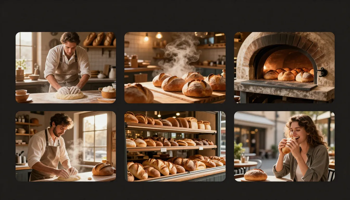 Three-panel layout showing the first frame of an empty coffee shop in morning light, the last frame of the same shop bustling with customers, and a middle frame from the AI-generated video showing the transition