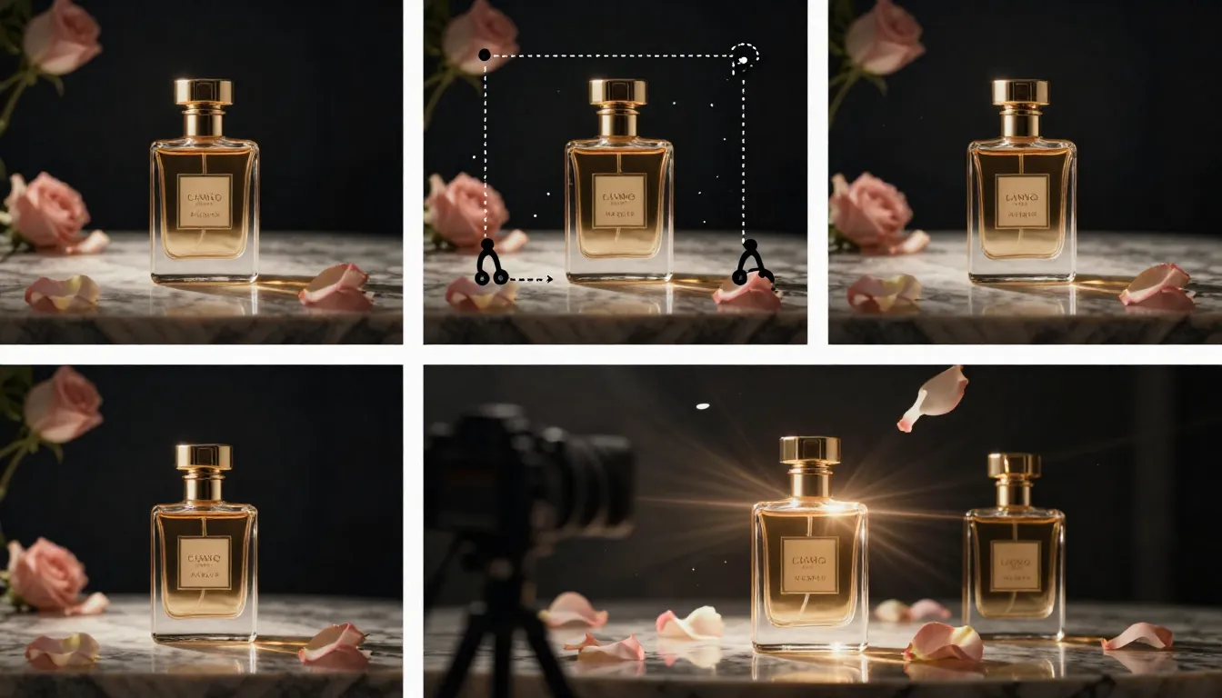 Three-panel breakdown of the luxury watch commercial pipeline: the generated prompt, the refined product image, and a frame from the resulting video showing smooth orbital camera movement