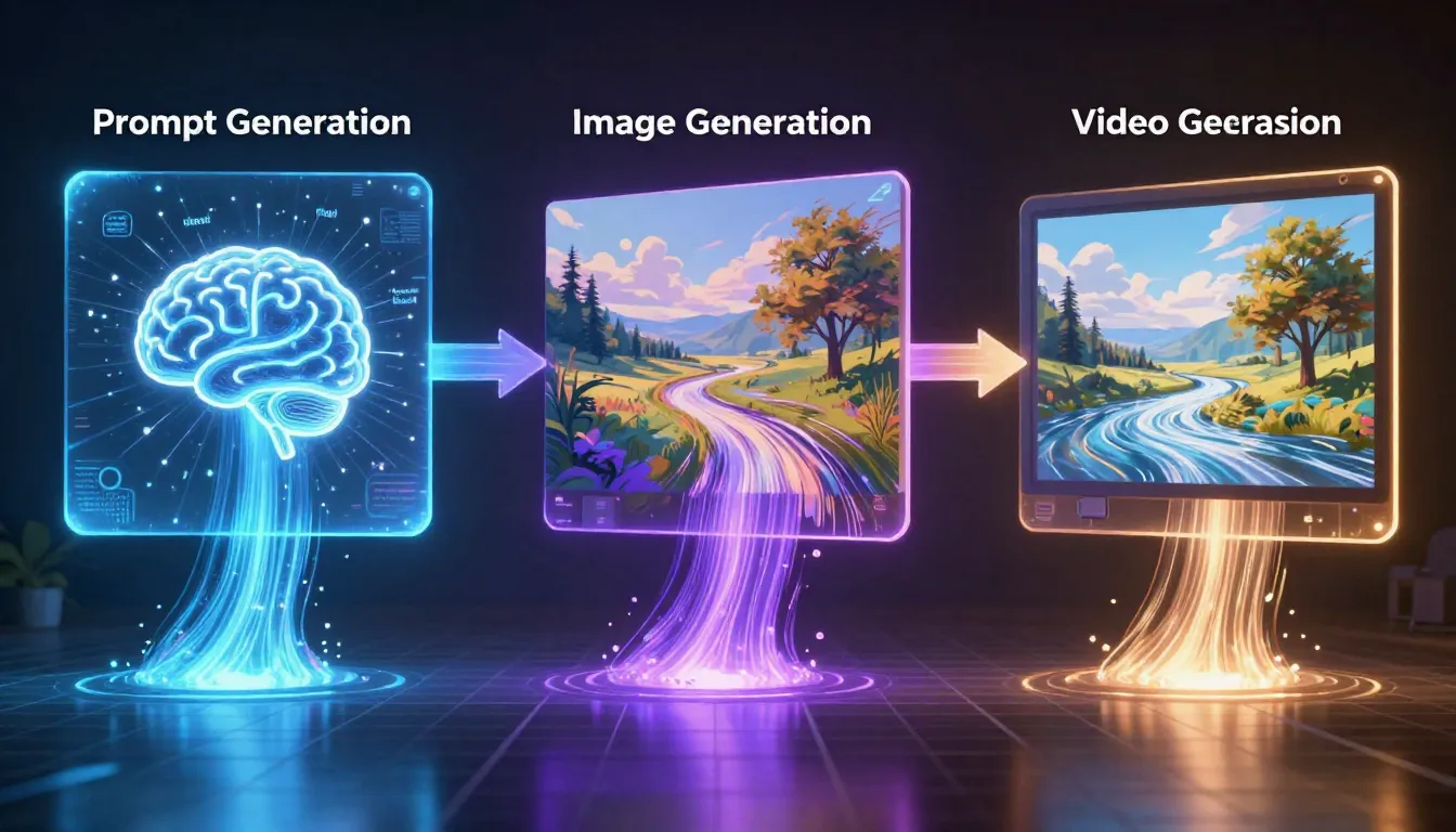 Diagram of the three-stage AI creative pipeline: Stage 1 shows prompt generation from a short description, Stage 2 shows image generation from the prompt, Stage 3 shows video generation from the image
