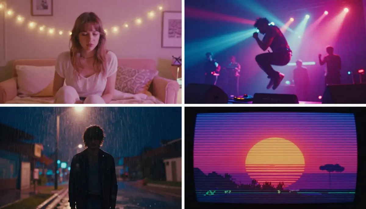 Grid showcase of eight different AI music video styles including indie MV, lyric video, lo-fi beats visual, social reel, podcast visualizer, product ad, game trailer, and wedding highlight