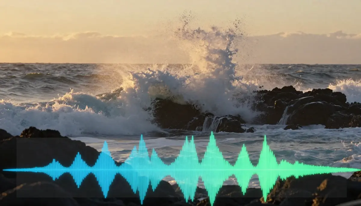 Visualization of AI-generated sound effects waveform synchronized with video frames showing footsteps, rain, and engine sounds matched to corresponding visual elements